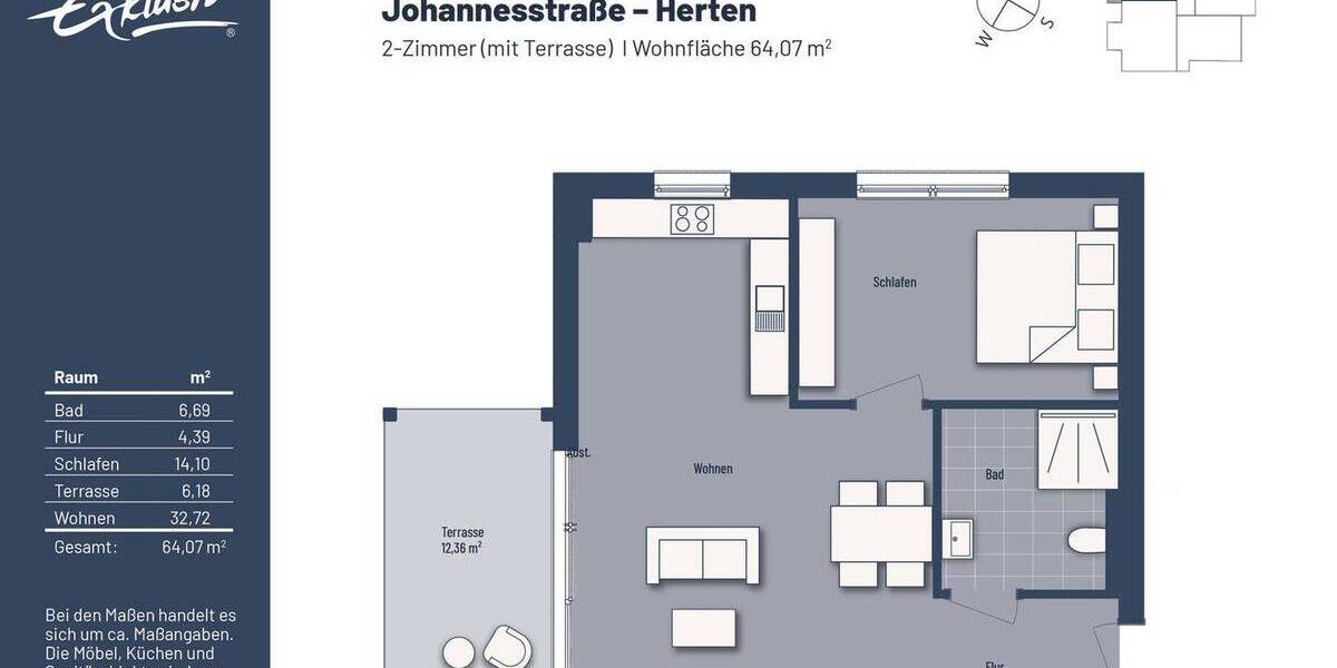 Etagenwohnung Herten Westerholt - 2 Zimmer, 64 m&sup2;, 259.000&euro; | Angebot:25745237