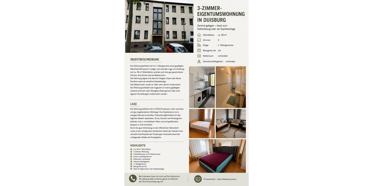 Etagenwohnung Duisburg Duisburg-Mitte - 3 Zimmer, 58 m&sup2;, 110.000&euro; | Angebot:26913210