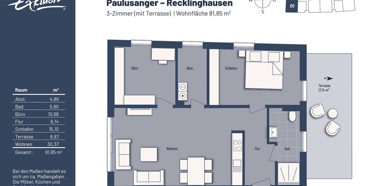 Etagenwohnung Recklinghausen Stadtmitte - 3 Zimmer, 81 m&sup2;, 365.000&euro; | Angebot:25690404