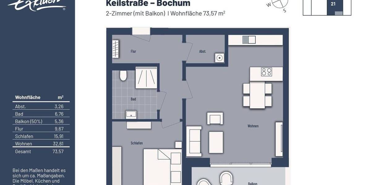 Etagenwohnung Bochum Linden - 2 Zimmer, 73 m&sup2;, 319.000&euro; | Angebot:25690405